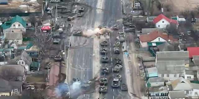 Aerial picture showing a Russian tank column being ambushed in March 2022.