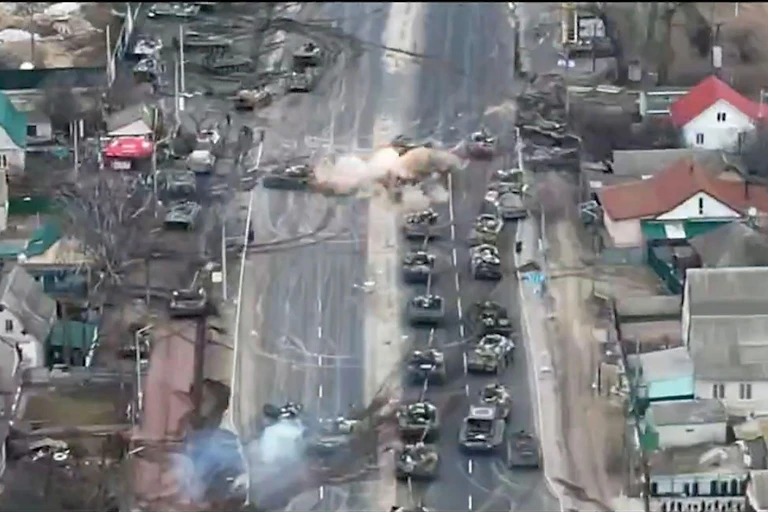 Aerial picture showing a Russian tank column being ambushed in March 2022.