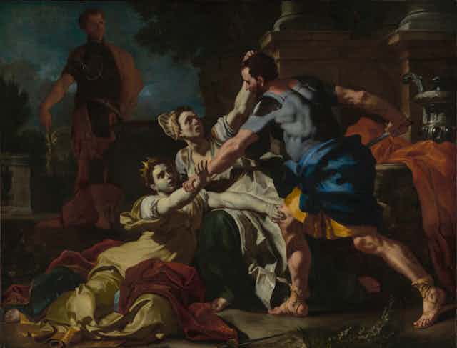 Solimena here represents the murder of Messalina, third wife of the Roman Emperor Claudius, who had a reputation for promiscuity. 