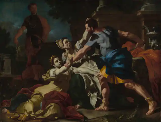 Solimena here represents the murder of Messalina, third wife of the Roman Emperor Claudius, who had a reputation for promiscuity.