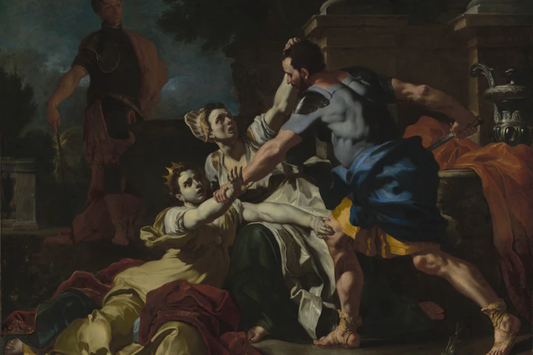 Solimena here represents the murder of Messalina, third wife of the Roman Emperor Claudius, who had a reputation for promiscuity.