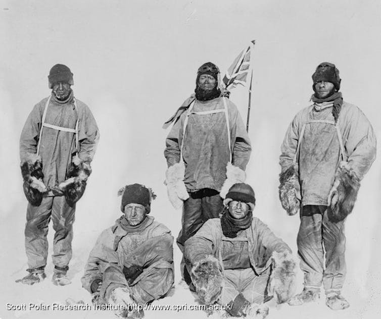 Five arctic explorers at the South Pole.