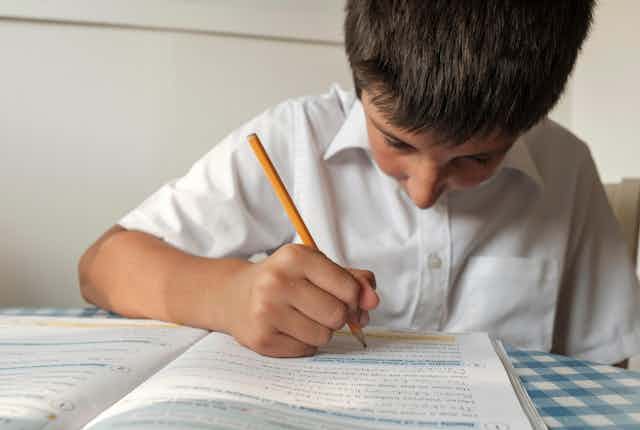 A. young boy writing in an exercise book with a pencil.