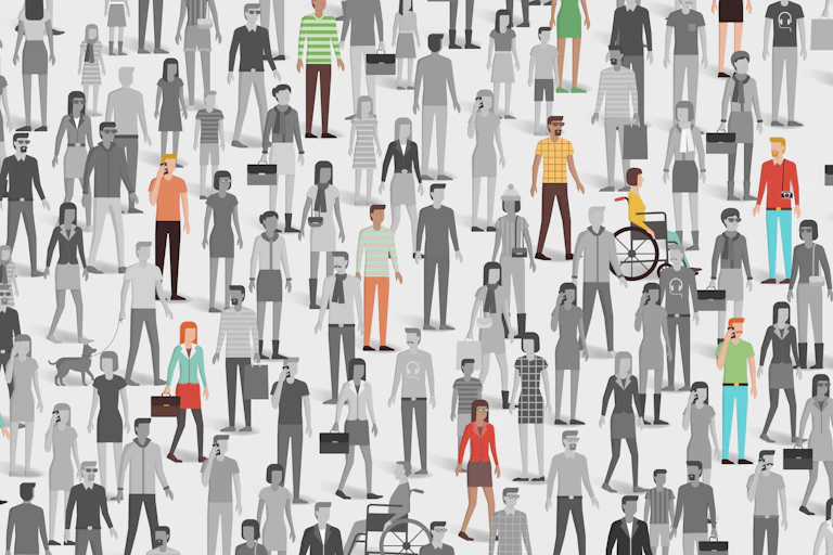 Illustration of a crowd of people, some in black and white and some in colour