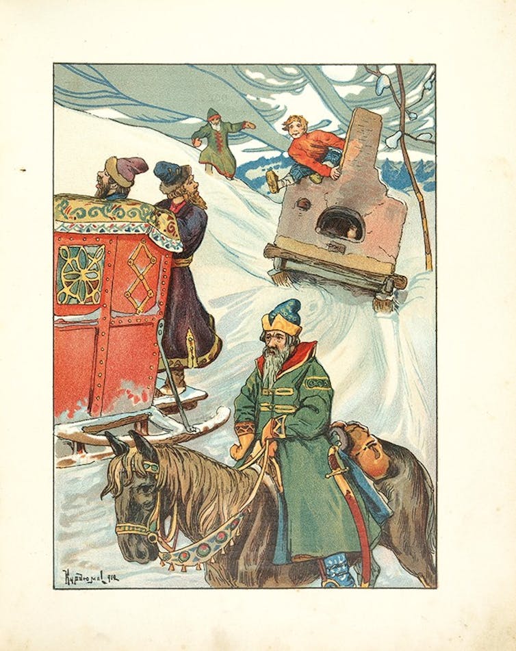 A young boy rides a clay stove down a snowy hill, following a fancy sled and what looks like a soldier on a horse.