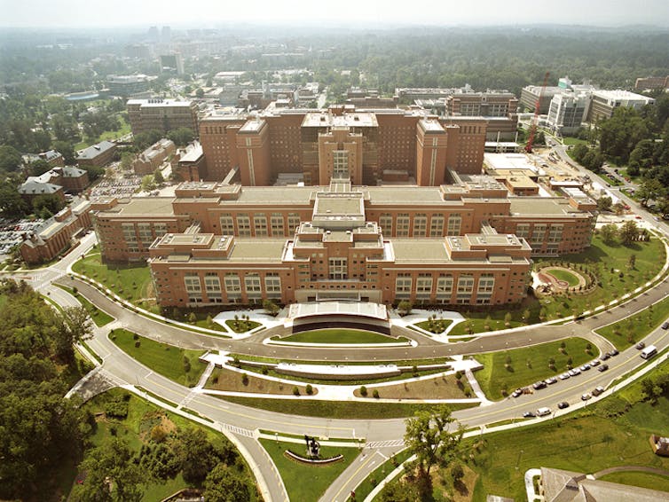 The large, brown building that houses the NIH.