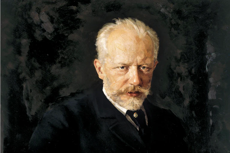 A painted portrait of an old, white-haired man in a black suit against a black background.