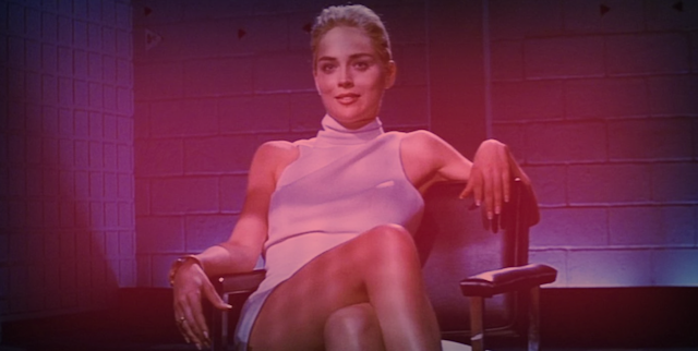 A film still of Sharon Stone as a femme fatale in Basic Instinct.