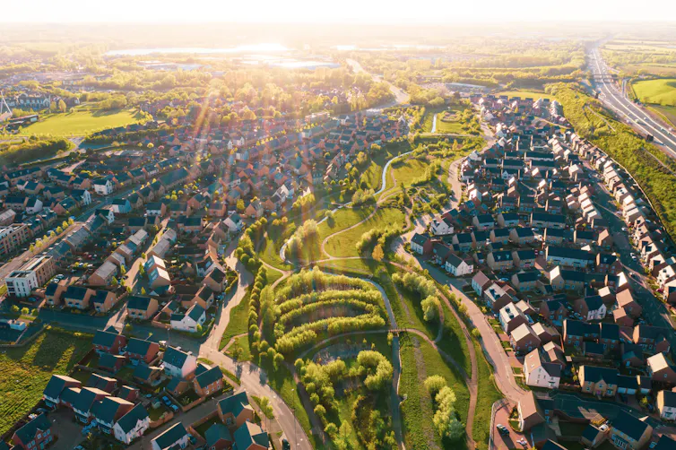 Houses and a park viewed from above