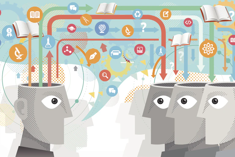 Drawing of information flowing from one persons head into many others.