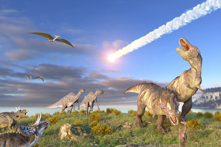 Dinosaurs look up and roar as a white light streaks across the sky