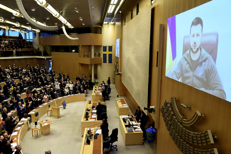 Ukrainian president, Volodymyr Zelensky, addressing the Swedish parliament via video link.