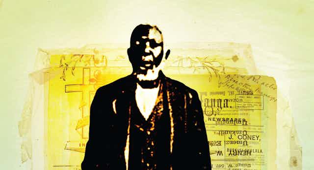 An illustration of a photo of an elderly man with a beard in a smart suit. Behind him are illustrations of old documents and a Christian cross on a yellow background.