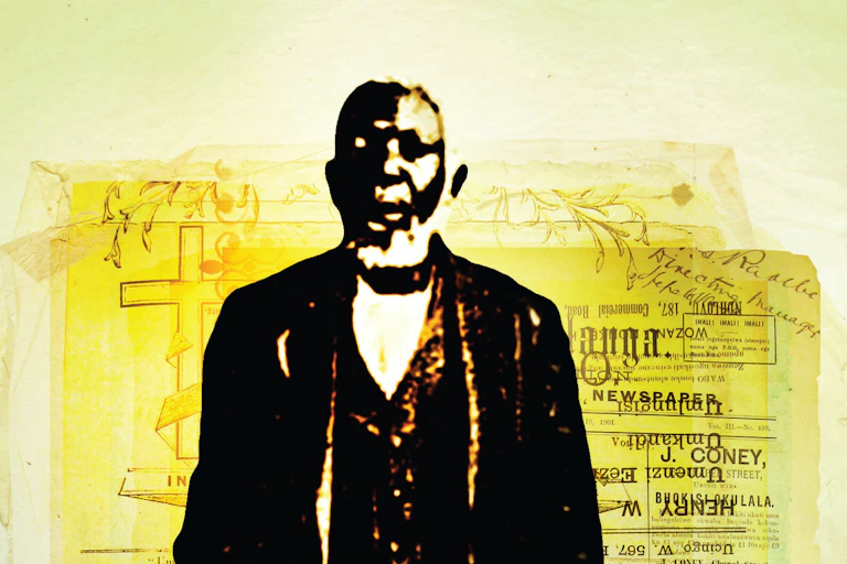 An illustration of a photo of an elderly man with a beard in a smart suit. Behind him are illustrations of old documents and a Christian cross on a yellow background.
