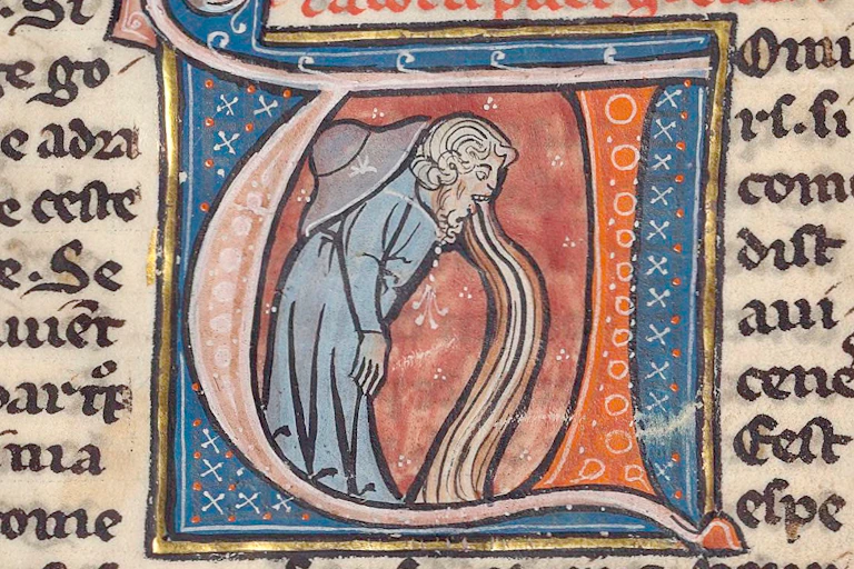 A painting from the pages of a hand lettered book showing a man with a river of vomit coming out of his mouth.