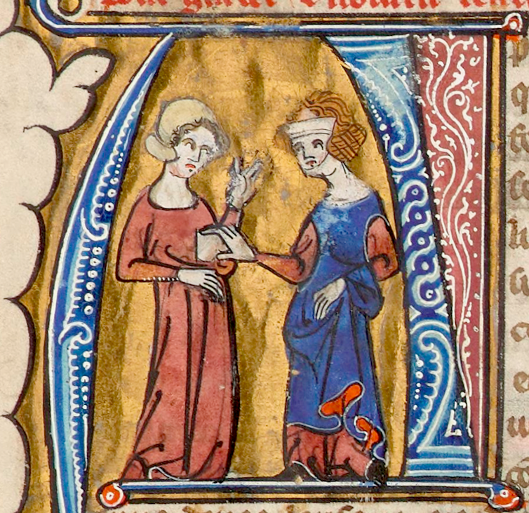 A painting of two medieval women standing next to eacb other. One woman is reaching out and feeling the other's exposed breast.