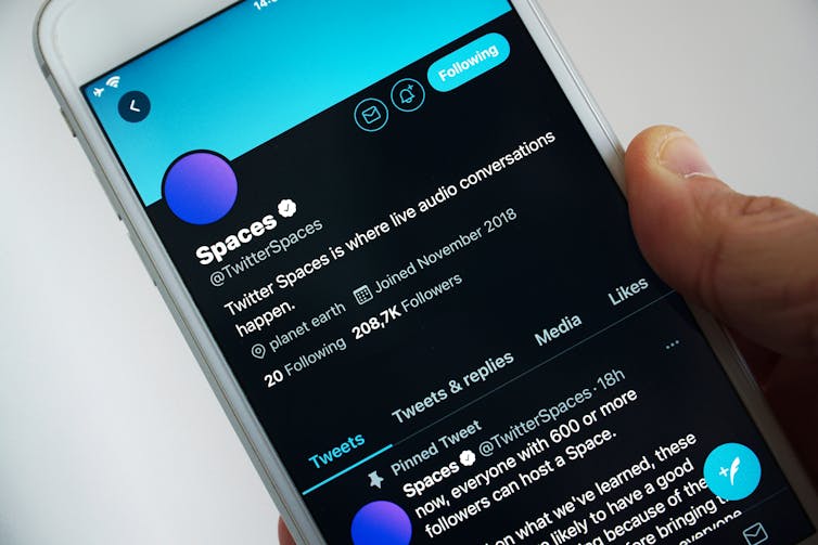 A phone's screen showing the twitter feed for twitter spaces
