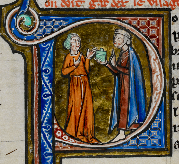 A painting of two women in medieval dress – one hands a jar to the other.