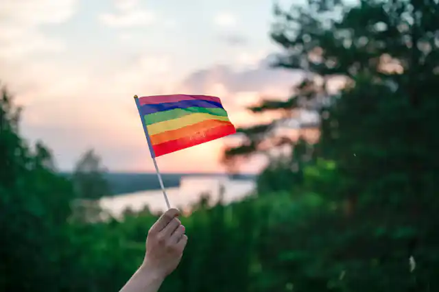 Person holding a rainbow flag