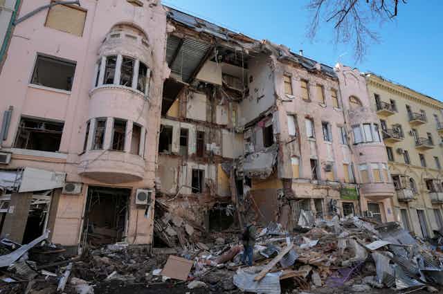 Destroyed building following a Russian attack, in center Kharkiv, Ukraine