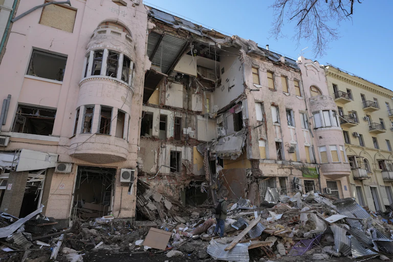 Destroyed building following a Russian attack, in center Kharkiv, Ukraine