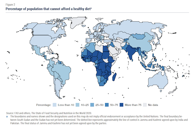 A map of the world with the level of access to food emphasized with different shades of blue