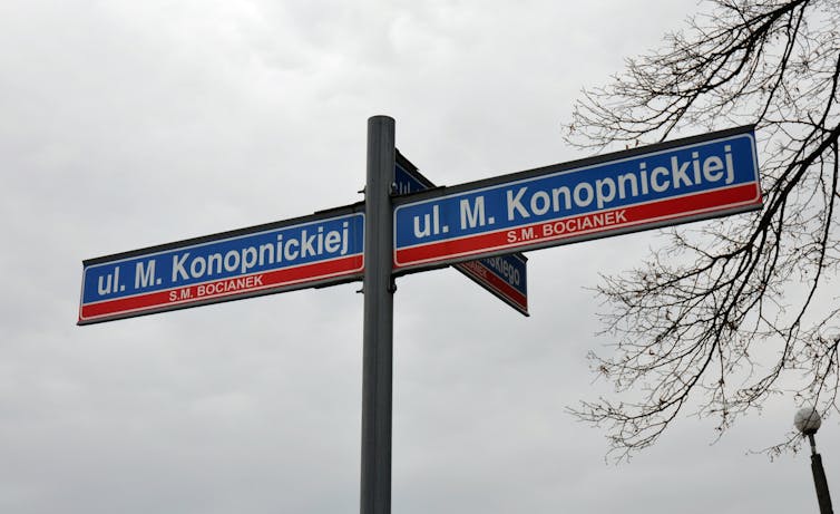 A set of red and blue street name signs seen against a cloudy sky.