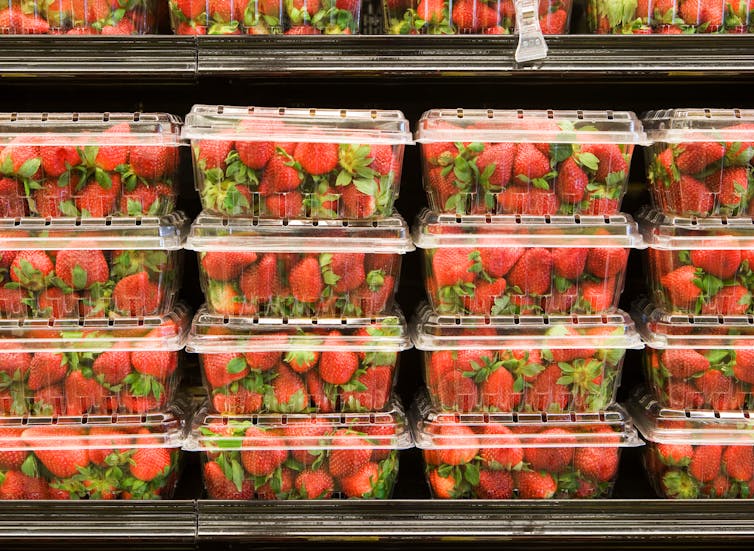 Red strawberries are packed in clear plastic packages and stacked on a shelf
