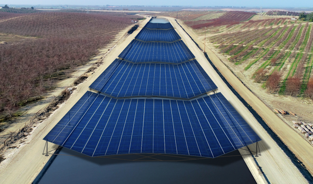 An artist’s rendering of a solar canal, with panels over the water, through a dry landscape.