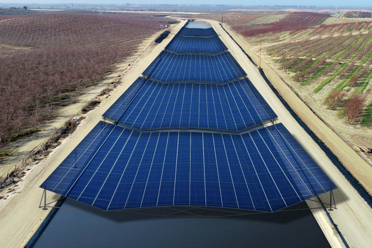 An artist’s rendering of a solar canal, with panels over the water, through a dry landscape.
