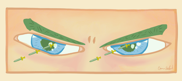 An illustration of someone's eyes close up, they're "throwing daggers"