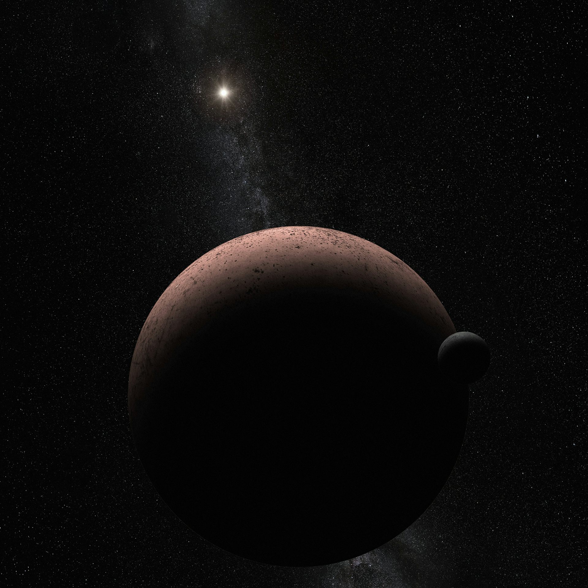 Художественный рисунок Макемаке, карликовой планеты в поясе Койпера.  Рядом с луной, МК 2. Далеко-далеко: Солнце.