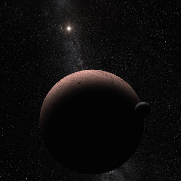 Artist's illustration of Makemake, a dwarf planet in the Kuiper Belt. Nearby is its moon, MK 2. Off in the distance: the Sun.