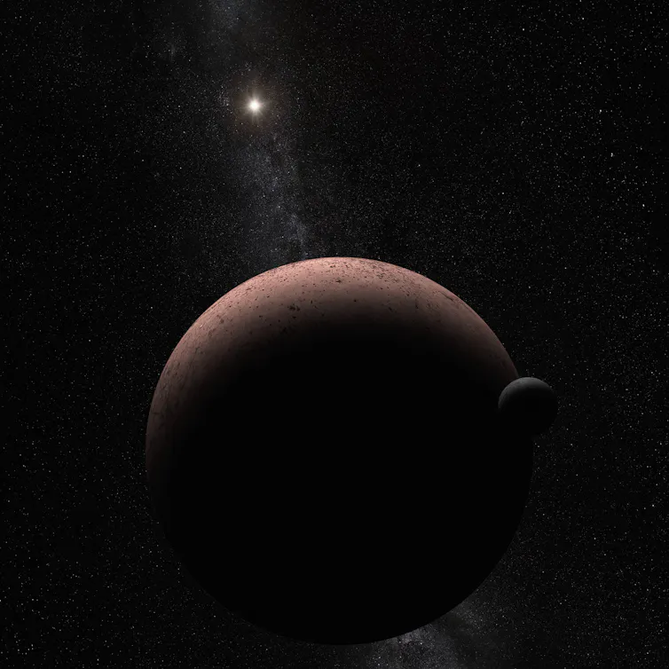 Artist's illustration of Makemake, a dwarf planet in the Kuiper Belt. Nearby is its moon, MK 2. Off in the distance: the Sun.