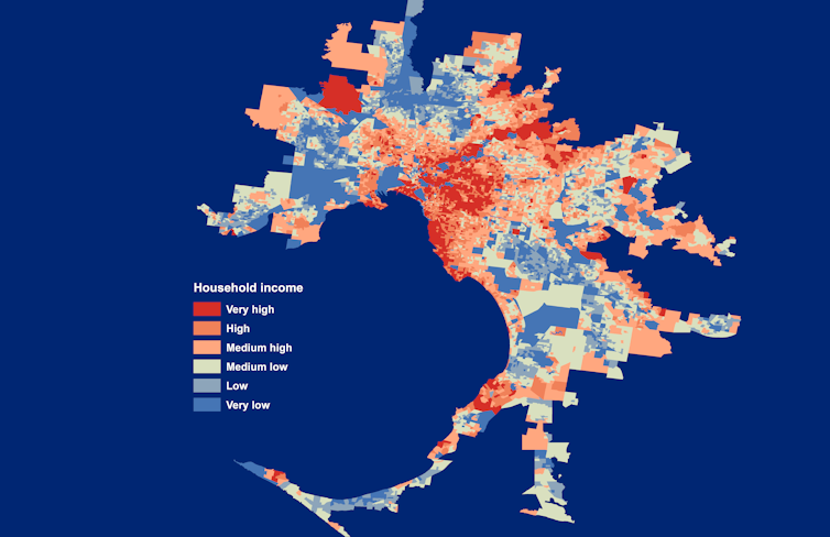 Melbourne by household weekly income, calculated by authors using the data from Australian Bureau of Statistics, 2016