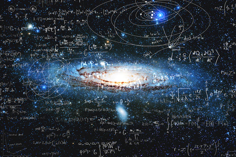 an image of a nebula with mathematical formulas handwritten all over it