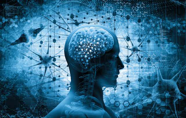 A silhouette of a head in profile showing points of light in the brain, against a background resembling a network of neutrons