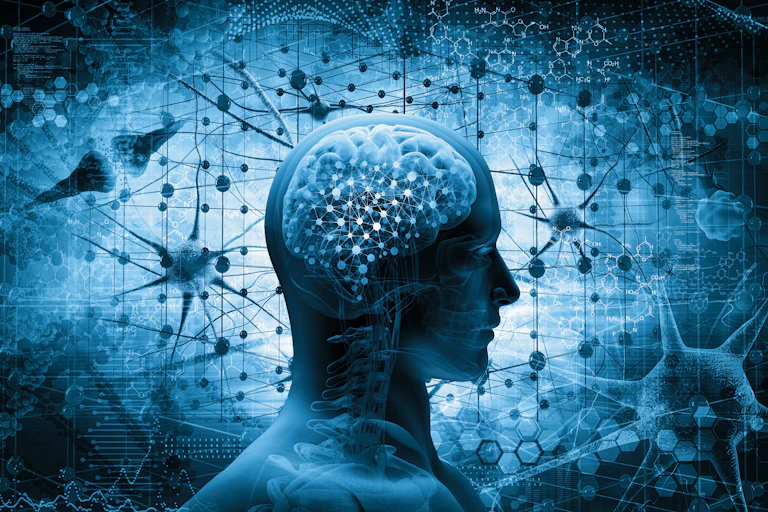 A silhouette of a head in profile showing points of light in the brain, against a background resembling a network of neutrons