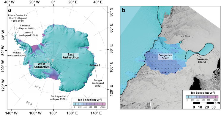 Image of Antarctica overlain with ice flow speeds.