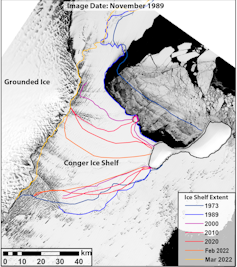 A satellite image of the Conger ice shelf with coloured lines denoting historical extent.