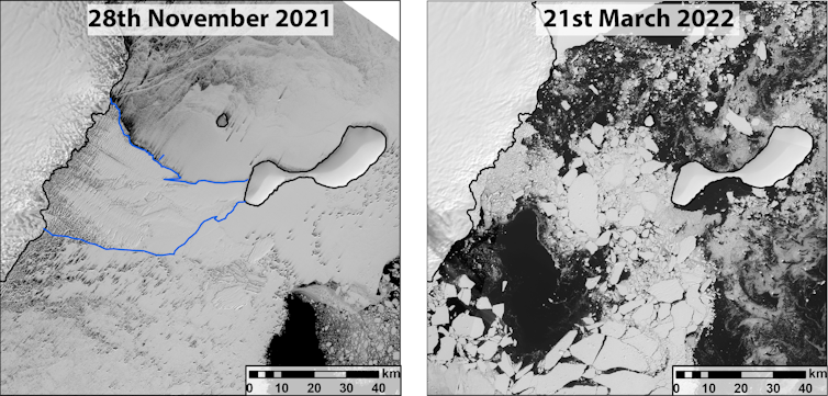 Two satellite images of the Conger ice shelf side-by-side show its pre- and post-collapse state.