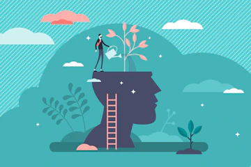 A visual representation of caring for mental health, with an animated man standing atop a silhouette of a head, pouring water from a watering can into his head, where a tree grows out of it.