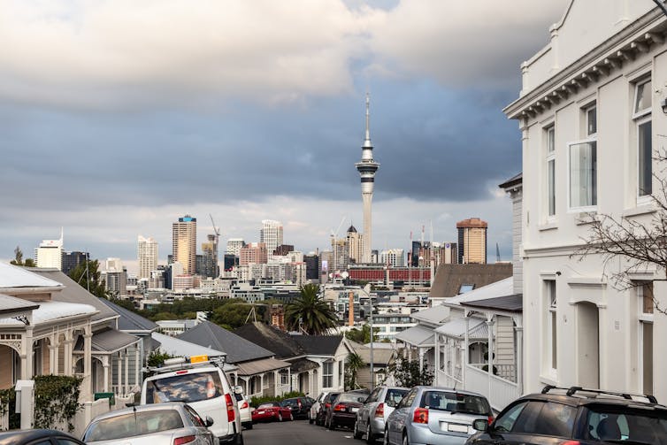 Auckland city skyline with Sky Tower.