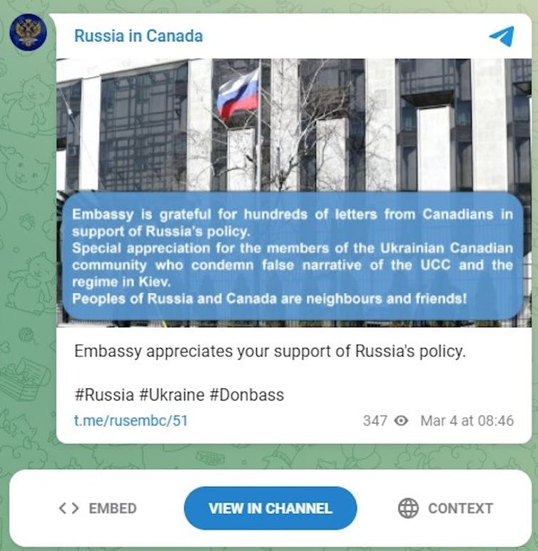 A screenshot shows a Telegram message thanking the Canadian public for supporting Russia.