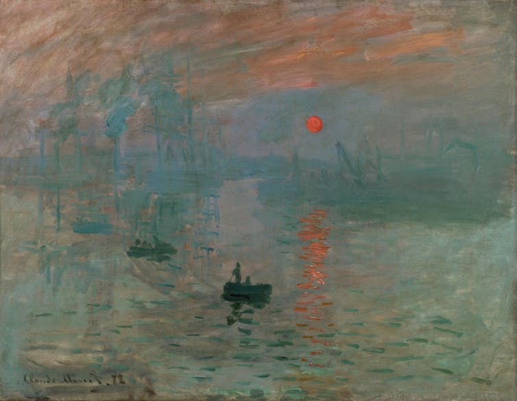 An impressionist painting depicting a shadowed figure in a boat with a misty harbour scene in the background.