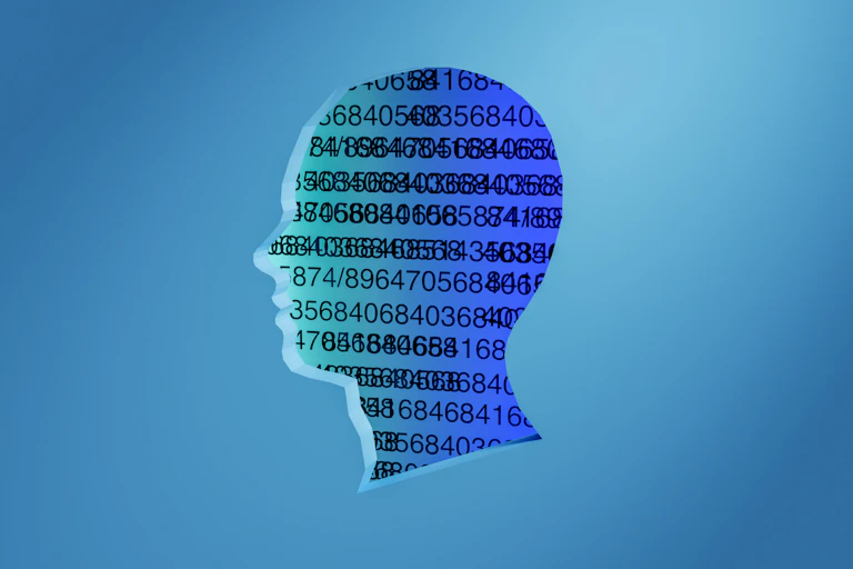 An outline of a human head full of numbers.