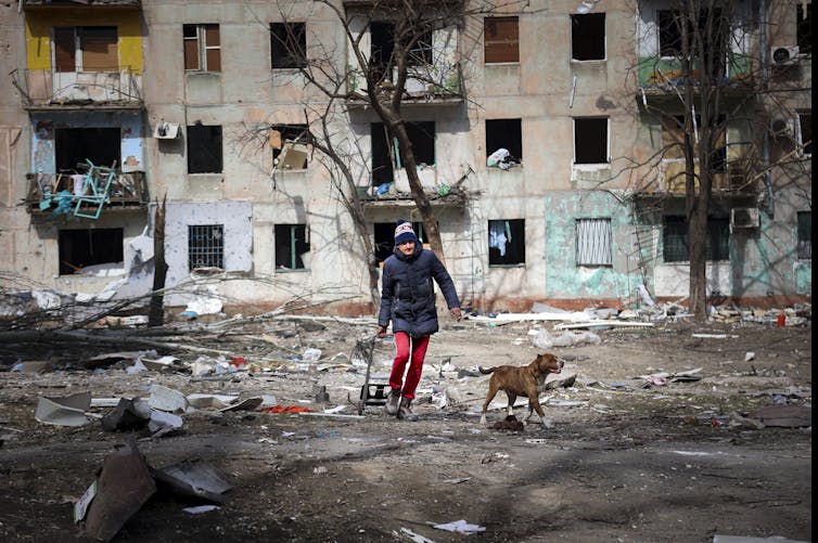 A man in red pants and a blue jacket walks with his dog past a destroyed apartment building.