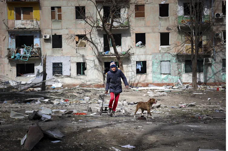 A man in red pants and a blue jacket walks with his dog past a destroyed apartment building.