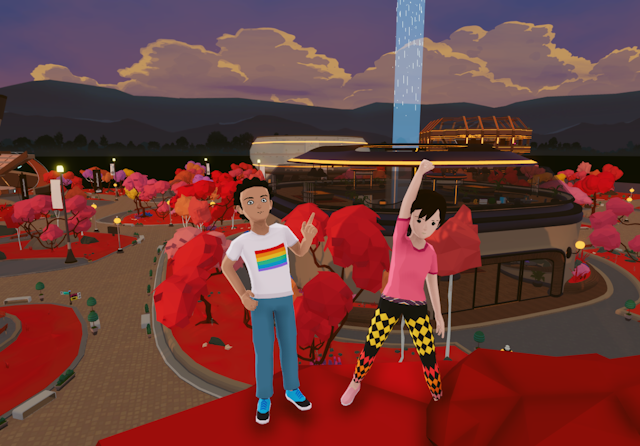 Two colourful avatars stand in a virtual landscape featuring a purple sky, red trees and a vaguely futuristic building with a laser beam.