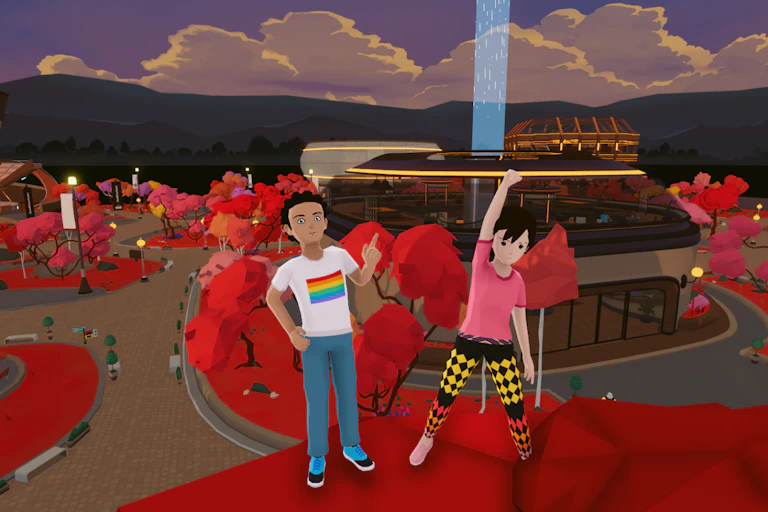 Two colourful avatars stand in a virtual landscape featuring a purple sky, red trees and a vaguely futuristic building with a laser beam.